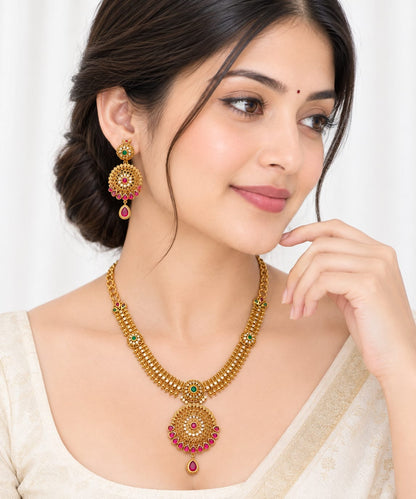 Antique Gold Circular Mandala Necklace Set | Ruby Pink & Green CZ Stone Jewelry | Indian Bridal Wedding Necklace | Traditional South Indian Set