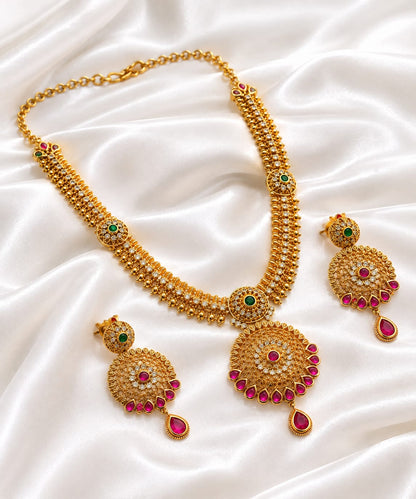 Antique Gold Circular Mandala Necklace Set | Ruby Pink & Green CZ Stone Jewelry | Indian Bridal Wedding Necklace | Traditional South Indian Set