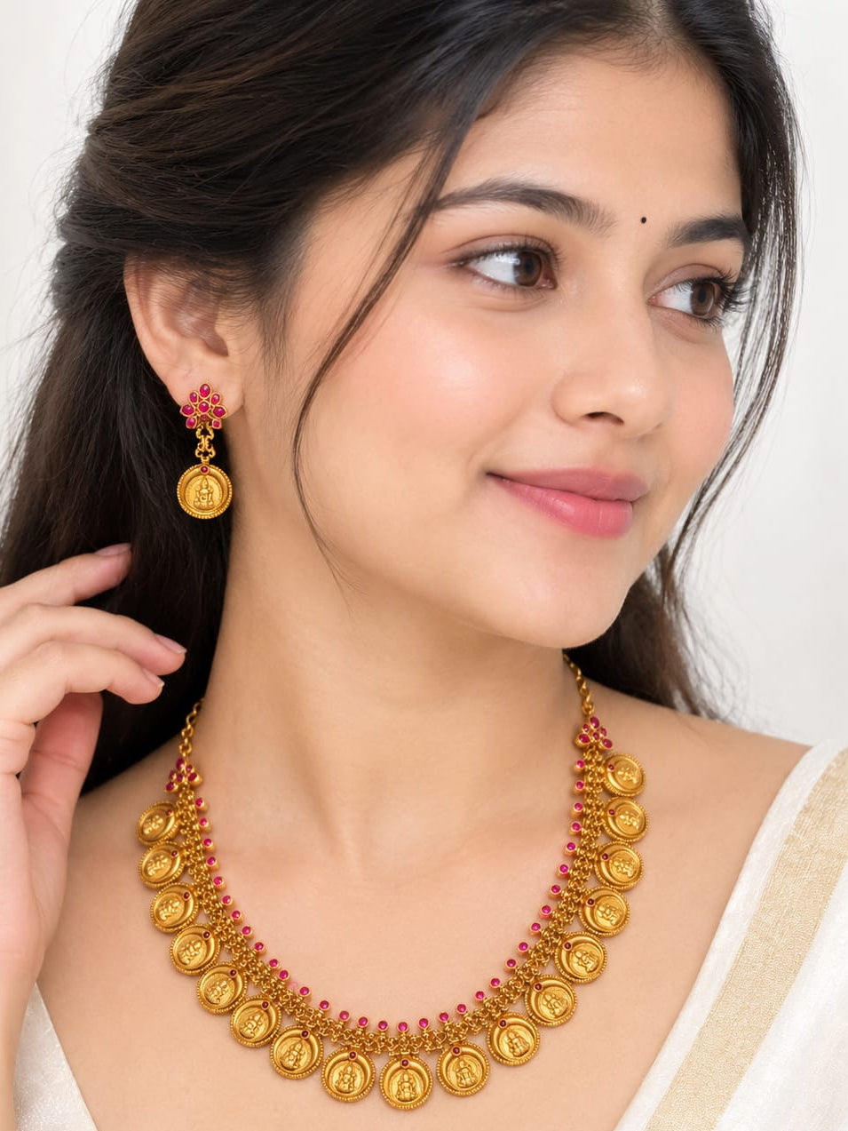 Traditional South Indian Kasu Mala Necklace Set | Goddess Lakshmi Coin Necklace with Ruby Pink Stones | Antique Gold Temple Jewelry