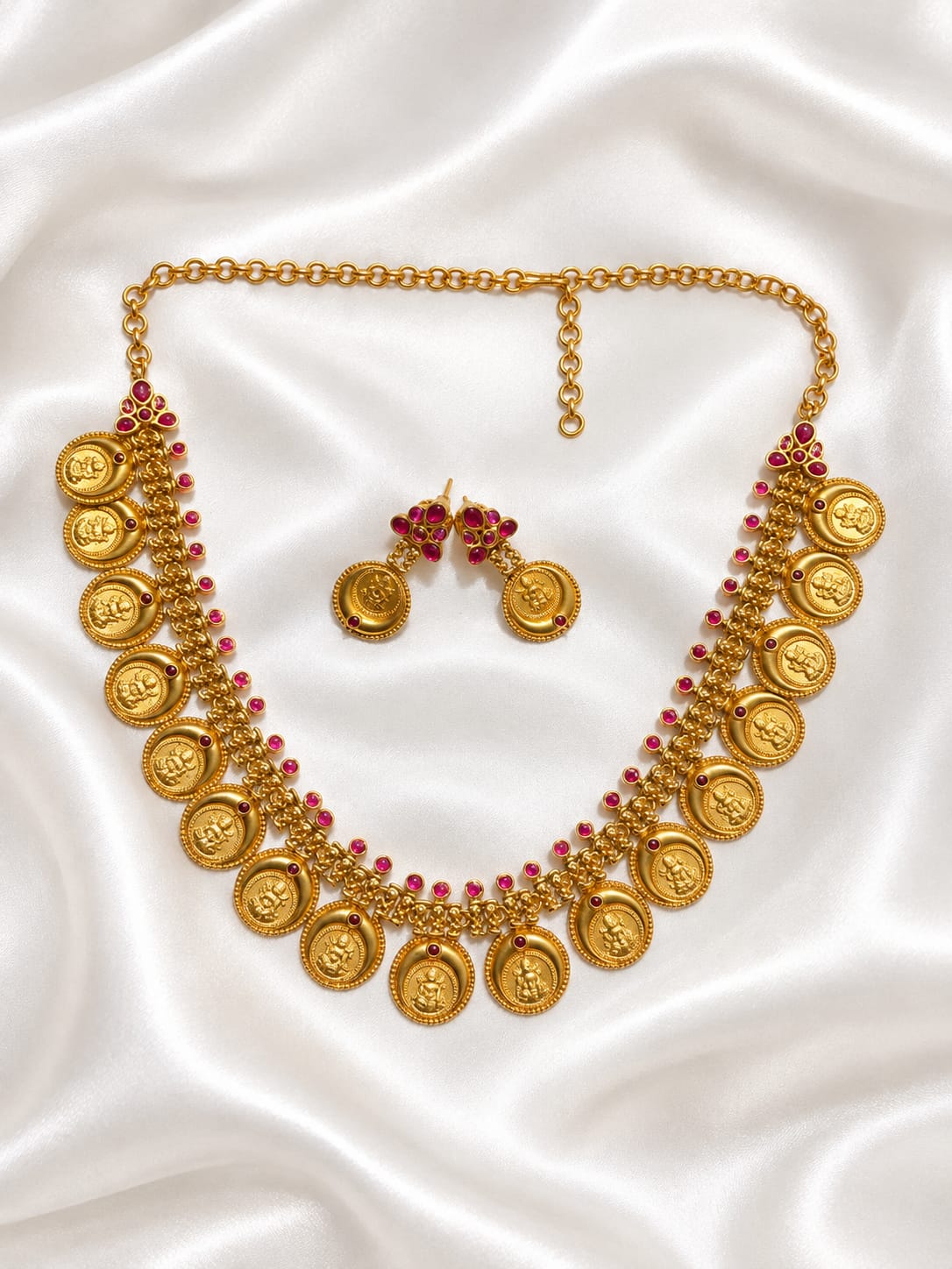 Traditional South Indian Kasu Mala Necklace Set | Goddess Lakshmi Coin Necklace with Ruby Pink Stones | Antique Gold Temple Jewelry