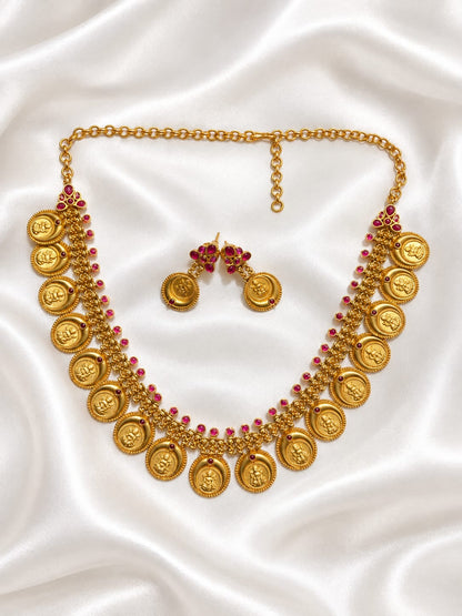 Traditional South Indian Kasu Mala Necklace Set | Goddess Lakshmi Coin Necklace with Ruby Pink Stones | Antique Gold Temple Jewelry