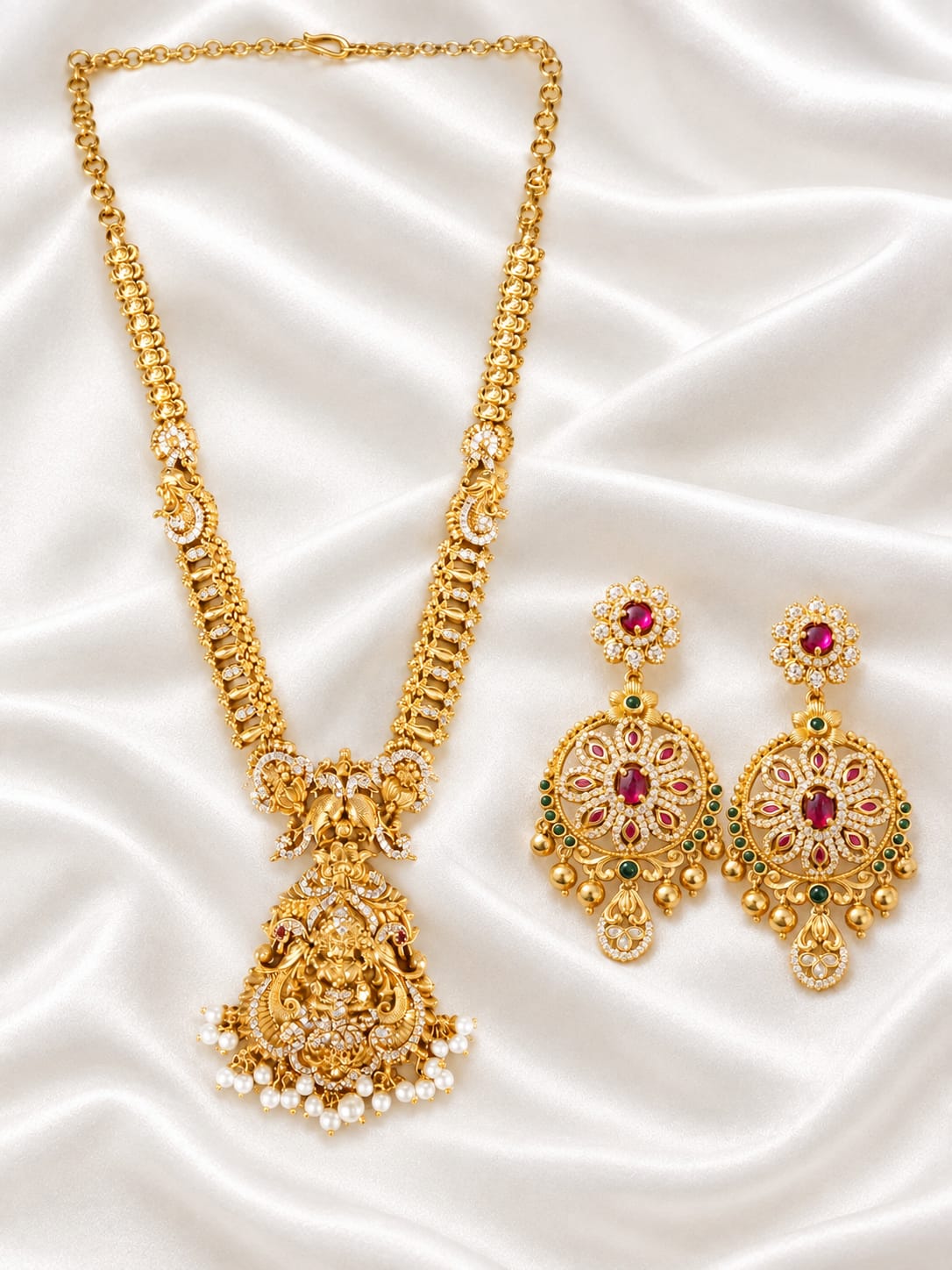 Matte Gold Bridal Long Necklace & Earrings Set | Indian Temple Jewelry  | CZ & Ruby Floral  | Ruby & Emerald Stone Statement Necklace