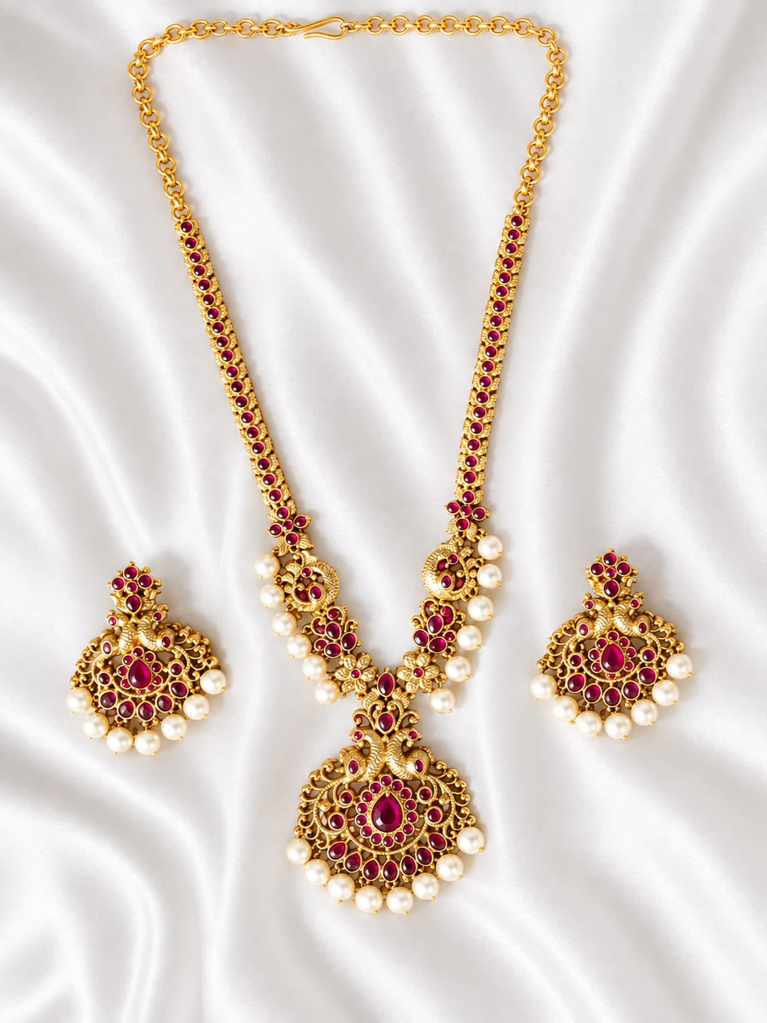 Matte Gold Kemp Stone Necklace with Earrings | Guttapusalu Style Pearl Drop Set | Indian Wedding & Festive Jewelry |