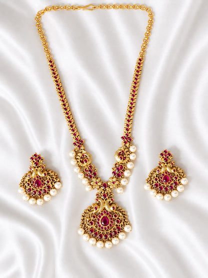 Matte Gold Kemp Stone Necklace with Earrings | Guttapusalu Style Pearl Drop Set | Indian Wedding & Festive Jewelry |