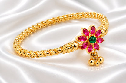 Gold-Plated Floral Ruby & Emerald Stone Kada Bracelet / Bangle for Women
