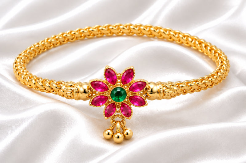 Gold-Plated Floral Ruby & Emerald Stone Kada Bracelet / Bangle for Women