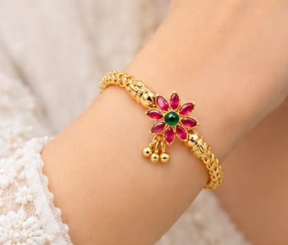 Gold-Plated Floral Ruby & Emerald Stone Kada Bracelet / Bangle for Women