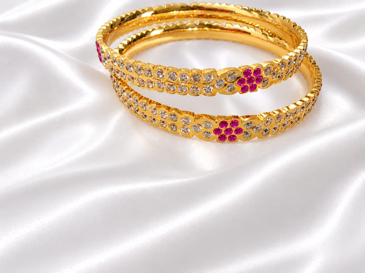 Gold-Plated White CZ Stone Bangles Set with Pink Floral Motif for Women (Set of 2)