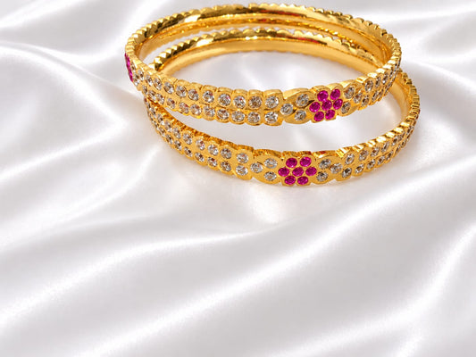 Gold-Plated White CZ Stone Bangles Set with Pink Floral Motif for Women (Set of 2)
