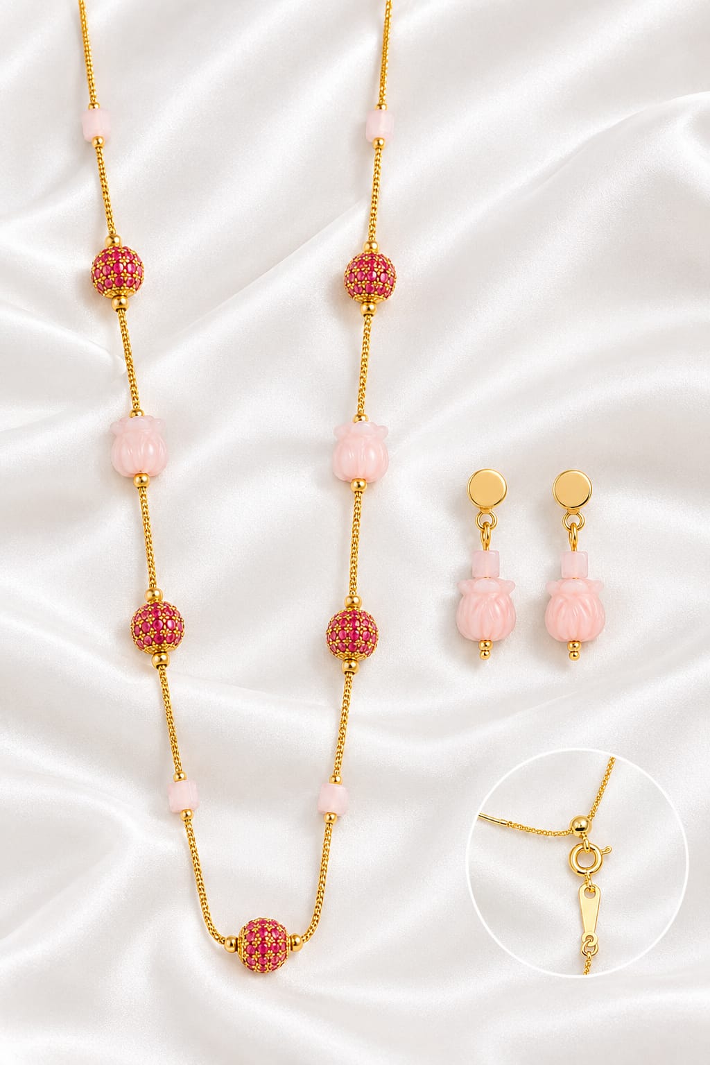 Elegant Pastel Pink Carved Bead & Ruby CZ Sphere Gold Jewelry Set – Chain Necklace & Matching Earrings