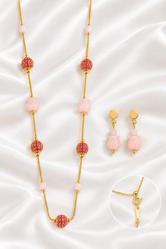 Elegant Pastel Pink Carved Bead & Ruby CZ Sphere Gold Jewelry Set – Chain Necklace & Matching Earrings