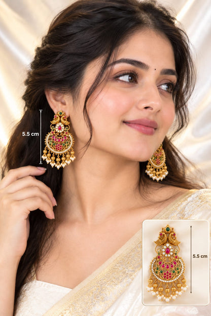 Antique Gold Peacock Chandbali Earrings with Ruby & Emerald Stones