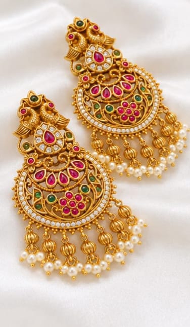 Antique Gold Peacock Chandbali Earrings with Ruby & Emerald Stones