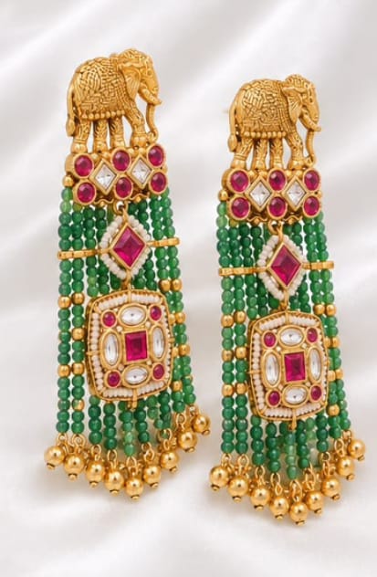 Antique Gold Elephant Motif Beaded Dangle Earrings with Kundan & Ruby Accents