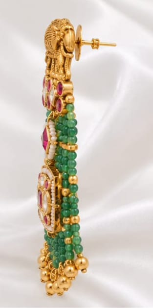 Antique Gold Elephant Motif Beaded Dangle Earrings with Kundan & Ruby Accents