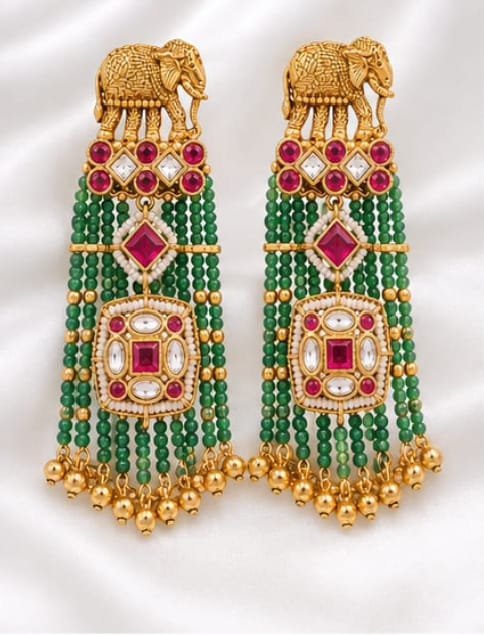 Antique Gold Elephant Motif Beaded Dangle Earrings with Kundan & Ruby Accents