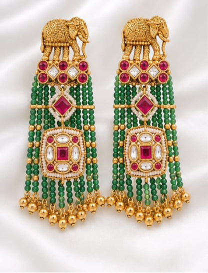 Antique Gold Elephant Motif Beaded Dangle Earrings with Kundan & Ruby Accents