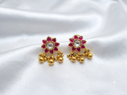 Floral 🌸✨ Ruby Pink Kundan Stud Earrings with Gold Ghungroo Beads