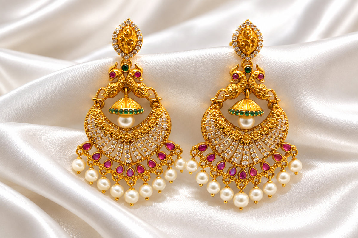 Antique Gold Peacock Chandbali Earrings with Hanging Mini Jhumka & Pearl Drops