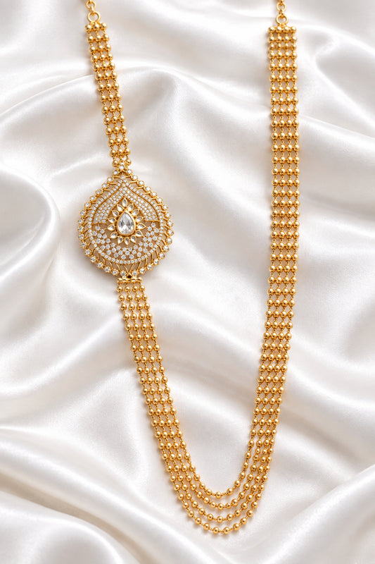 Traditional South Indian Gold-Plated CZ Mugappu Haram Long Necklace