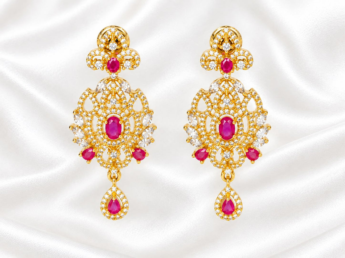 Ruby Pink  CZ Gold-Plated Statement Drop Earrings