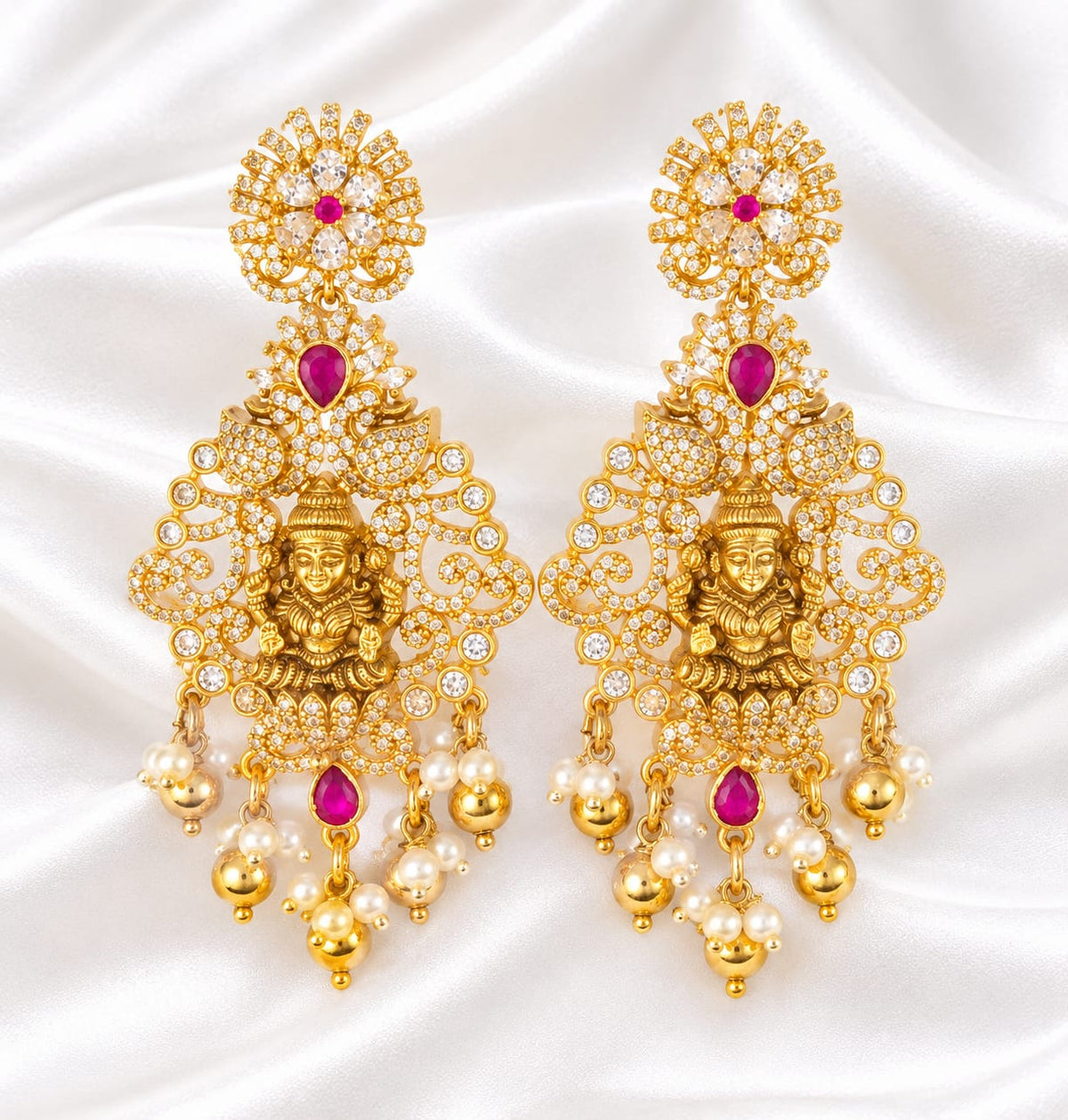 Antique Gold Temple Lakshmi Statement Earrings with CZ Stones, Rubies & Pearl Clusters