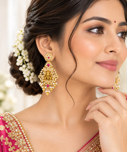 Antique Gold Temple Lakshmi Statement Earrings with CZ Stones, Rubies & Pearl Clusters