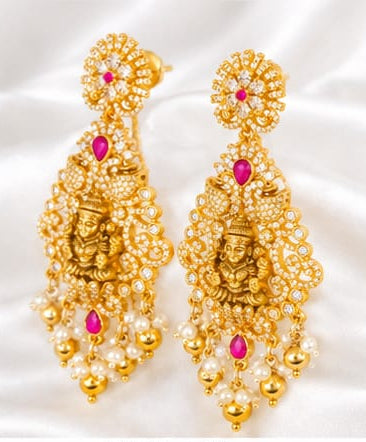 Antique Gold Temple Lakshmi Statement Earrings with CZ Stones, Rubies & Pearl Clusters