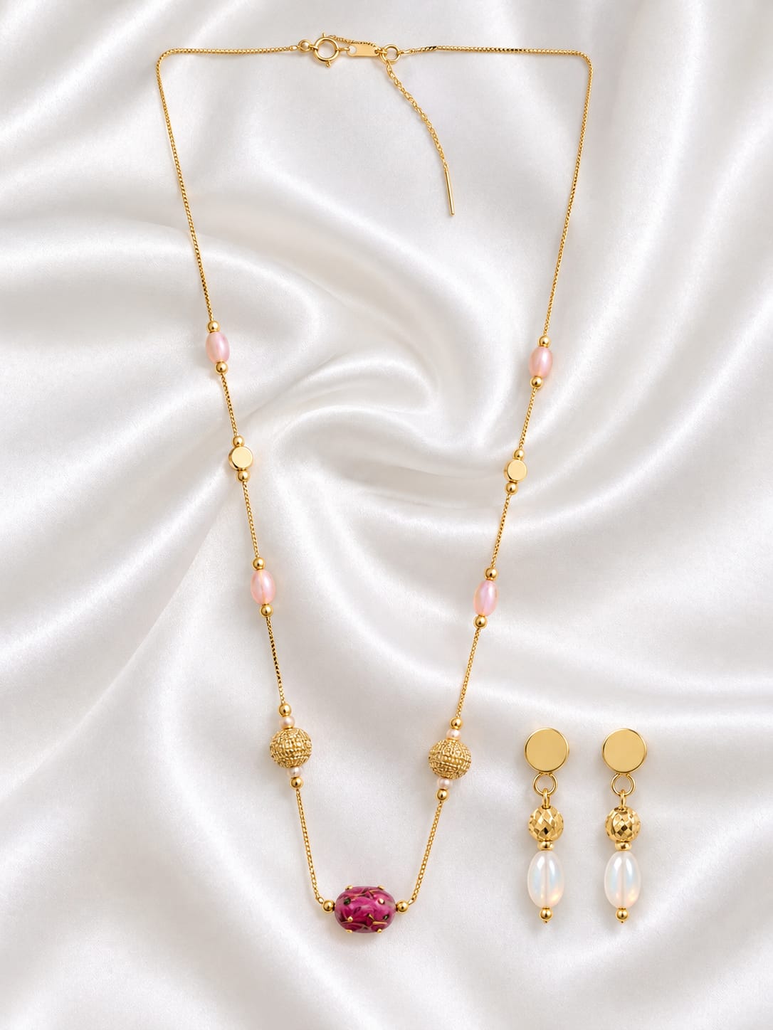 Elegant Gold Plated Pearl & Magenta Bead Chain Necklace Set with Matching Dangle Earrings