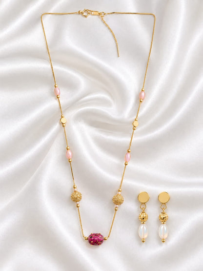 Elegant Gold Plated Pearl & Magenta Bead Chain Necklace Set with Matching Dangle Earrings