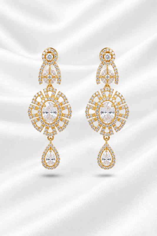 Elegant Gold Plated Cubic Zirconia Statement Drop Earrings
