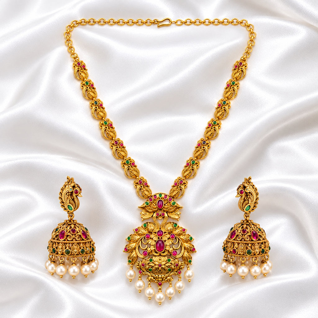 Antique Gold Finished Temple Peacock Haram Necklace Set with Matching Jhumkas