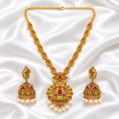 Antique Gold Finished Temple Peacock Haram Necklace Set with Matching Jhumkas