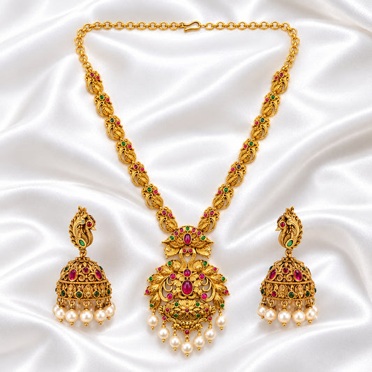 Antique Gold Finished Temple Peacock Haram Necklace Set with Matching Jhumkas
