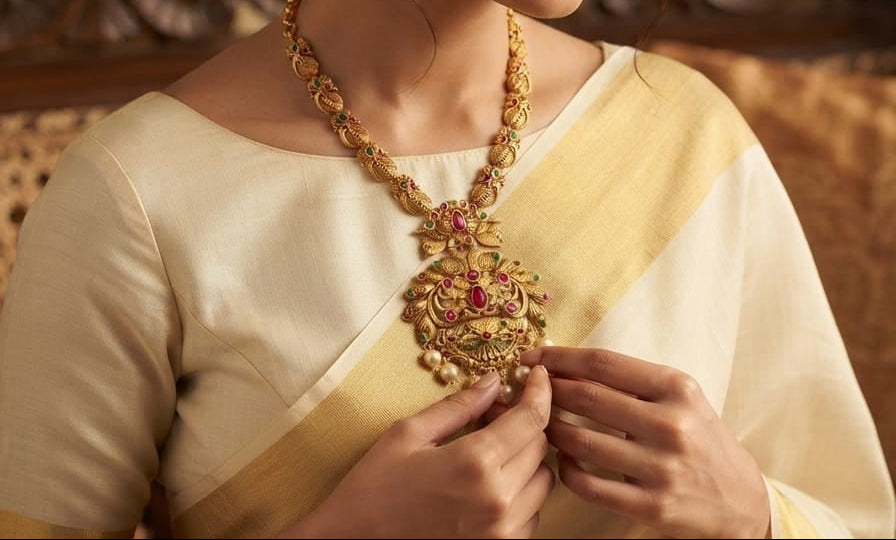 Antique Gold Finished Temple Peacock Haram Necklace Set with Matching Jhumkas