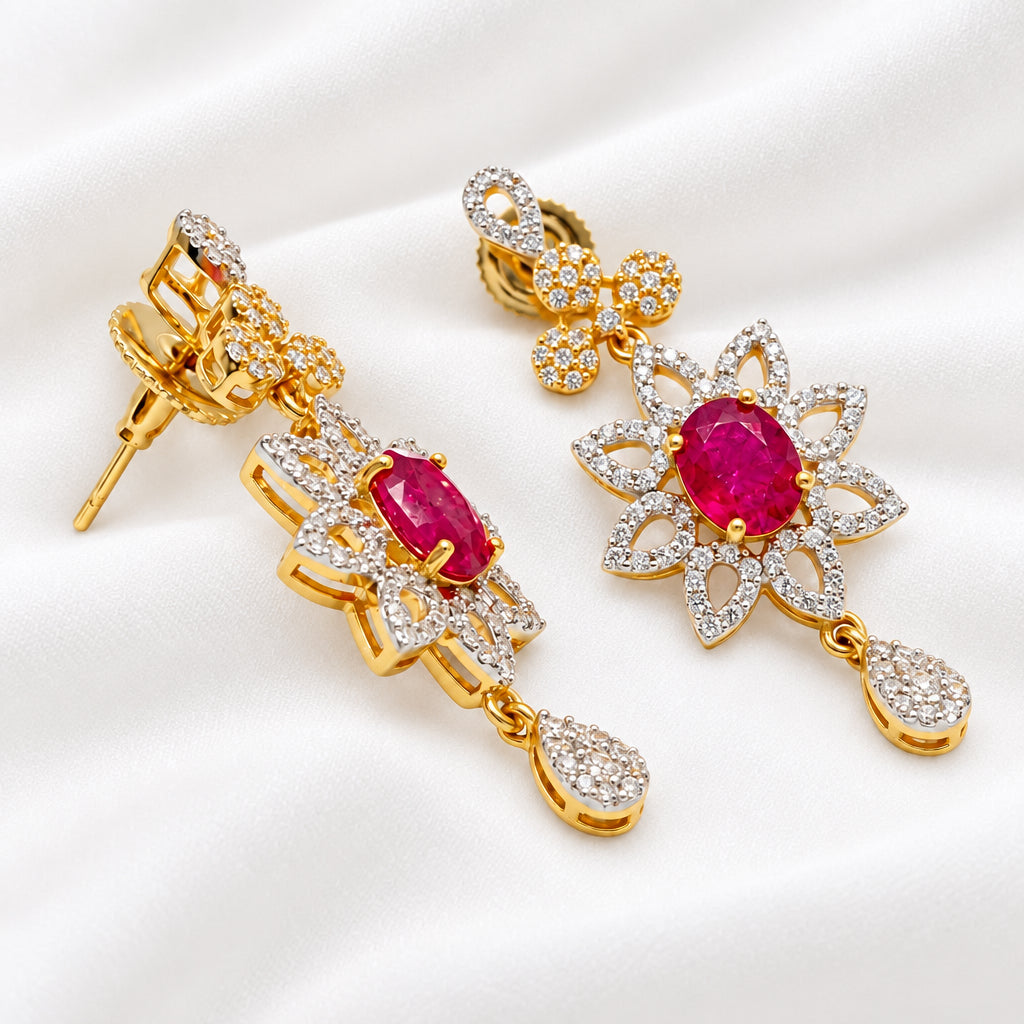Gold Plated Ruby Pink Floral Dangle Earrings | Cubic Zirconia CZ Statement Earrings