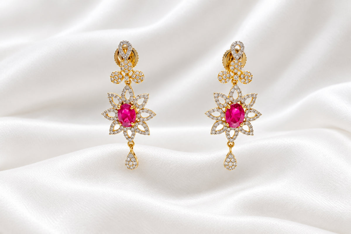 Gold Plated Ruby Pink Floral Dangle Earrings | Cubic Zirconia CZ Statement Earrings