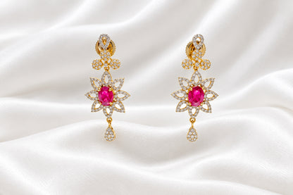 Gold Plated Ruby Pink Floral Dangle Earrings | Cubic Zirconia CZ Statement Earrings