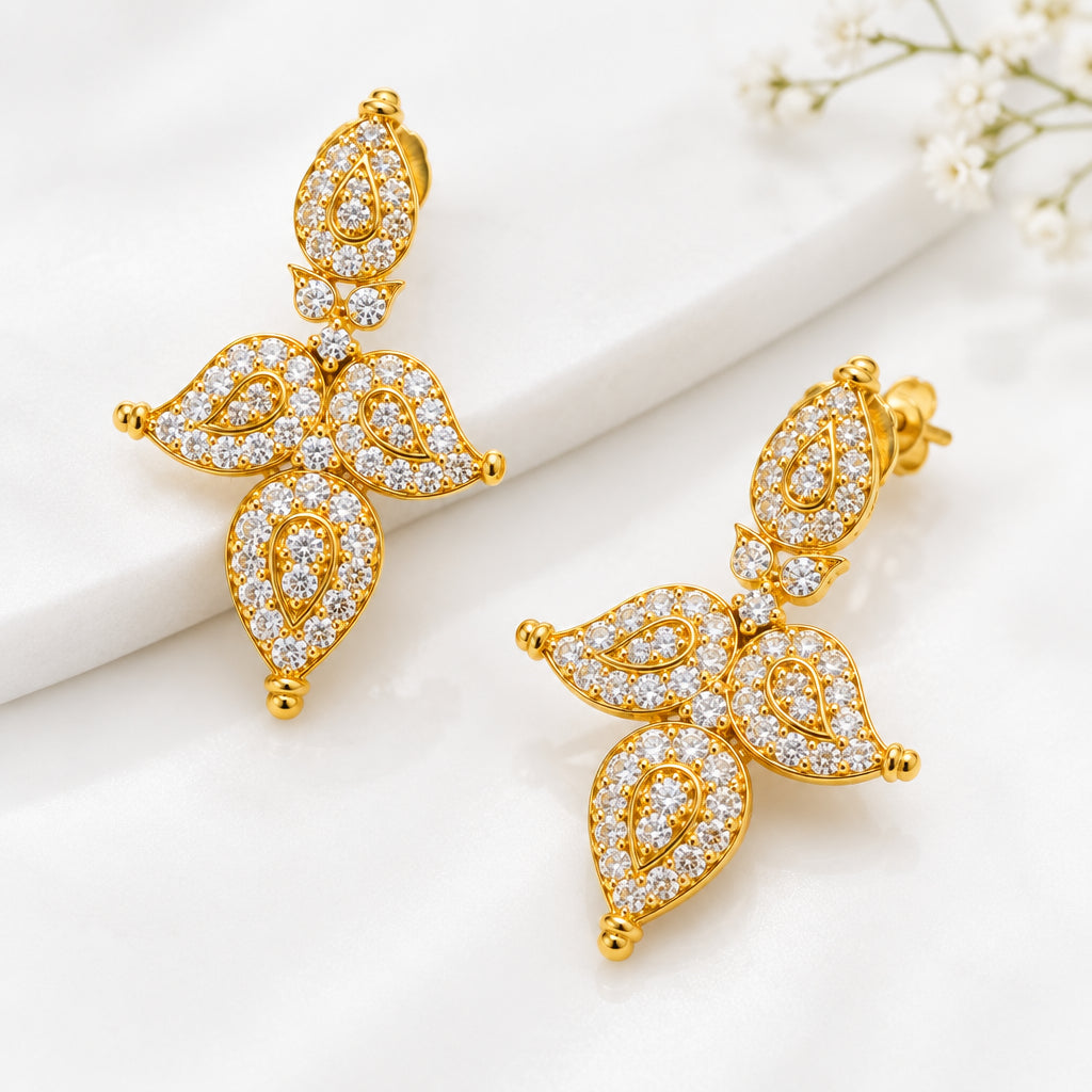 Gold Plated Cubic Zirconia Paisley Statement Earrings | White CZ Dangle Drop Earrings