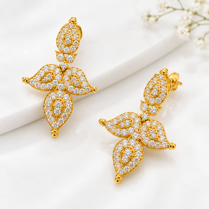 Gold Plated Cubic Zirconia Paisley Statement Earrings | White CZ Dangle Drop Earrings