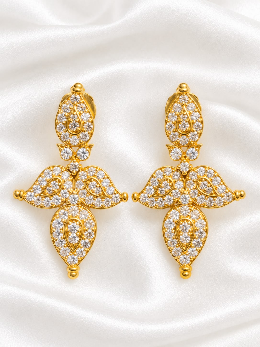 Gold Plated Cubic Zirconia Paisley Statement Earrings | White CZ Dangle Drop Earrings