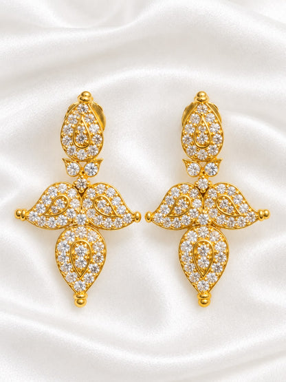 Gold Plated Cubic Zirconia Paisley Statement Earrings | White CZ Dangle Drop Earrings