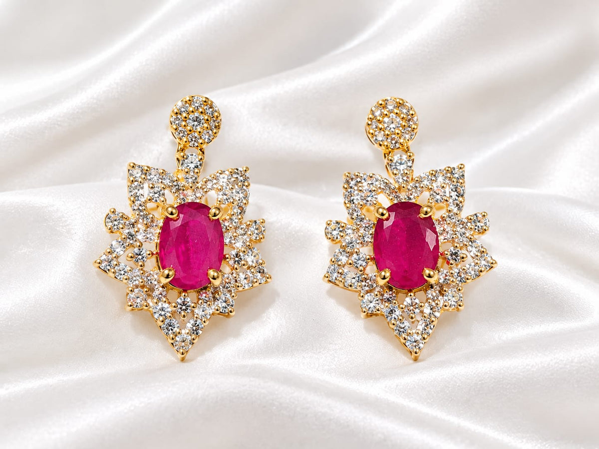 Gold Plated Ruby Red CZ Statement Earrings | Oval Gemstone Floral Dangle Earrings