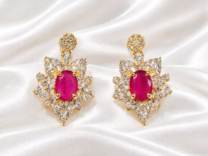 Gold Plated Ruby Red CZ Statement Earrings | Oval Gemstone Floral Dangle Earrings