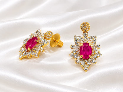 Gold Plated Ruby Red CZ Statement Earrings | Oval Gemstone Floral Dangle Earrings