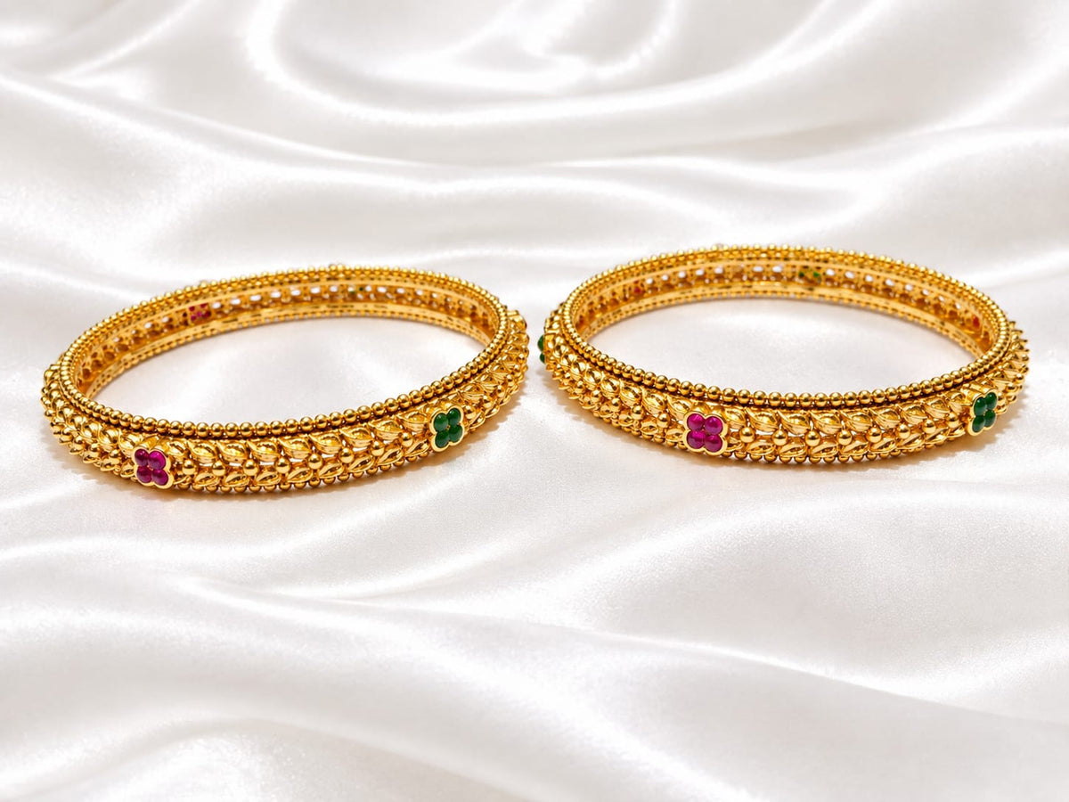 Gold Tone Floral Pattern Bangle Set with Green & Pink Stones – Traditional Indian Jewelry