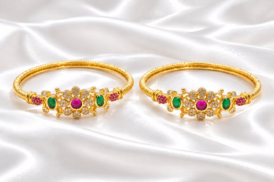 Gold Plated Floral CZ Bangle Set with Green & Pink Stones – Traditional Indian Jewelry