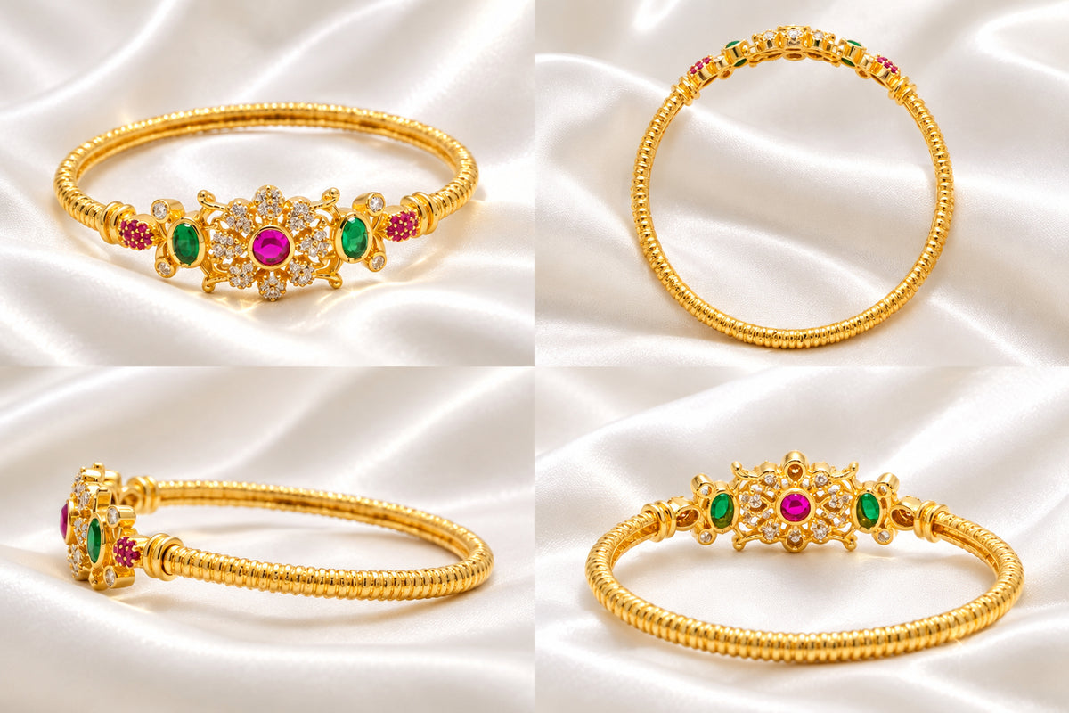Gold Plated Floral CZ Bangle Set with Green & Pink Stones – Traditional Indian Jewelry