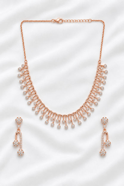 Rose Gold Cubic Zirconia Cascading Fringe Necklace & Drop Earring Set