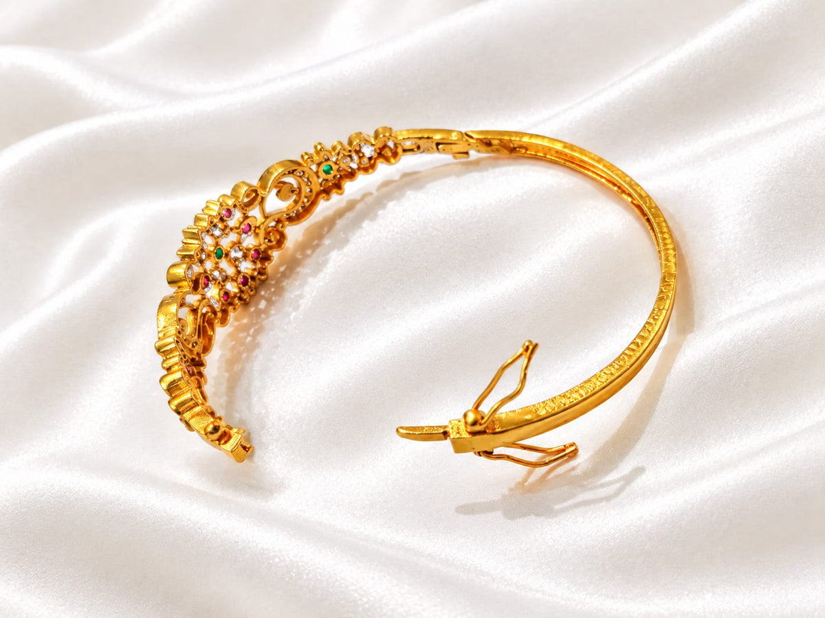Traditional Gold-Plated Openable  Kada Bracelet with Ruby, Emerald & CZ Accents